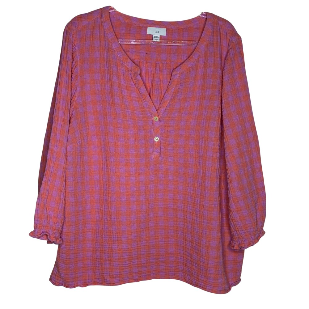 J Jill Women Large Petite Blouse Pink Orange Gingham Cotton Gauze 3/4 Sleeve